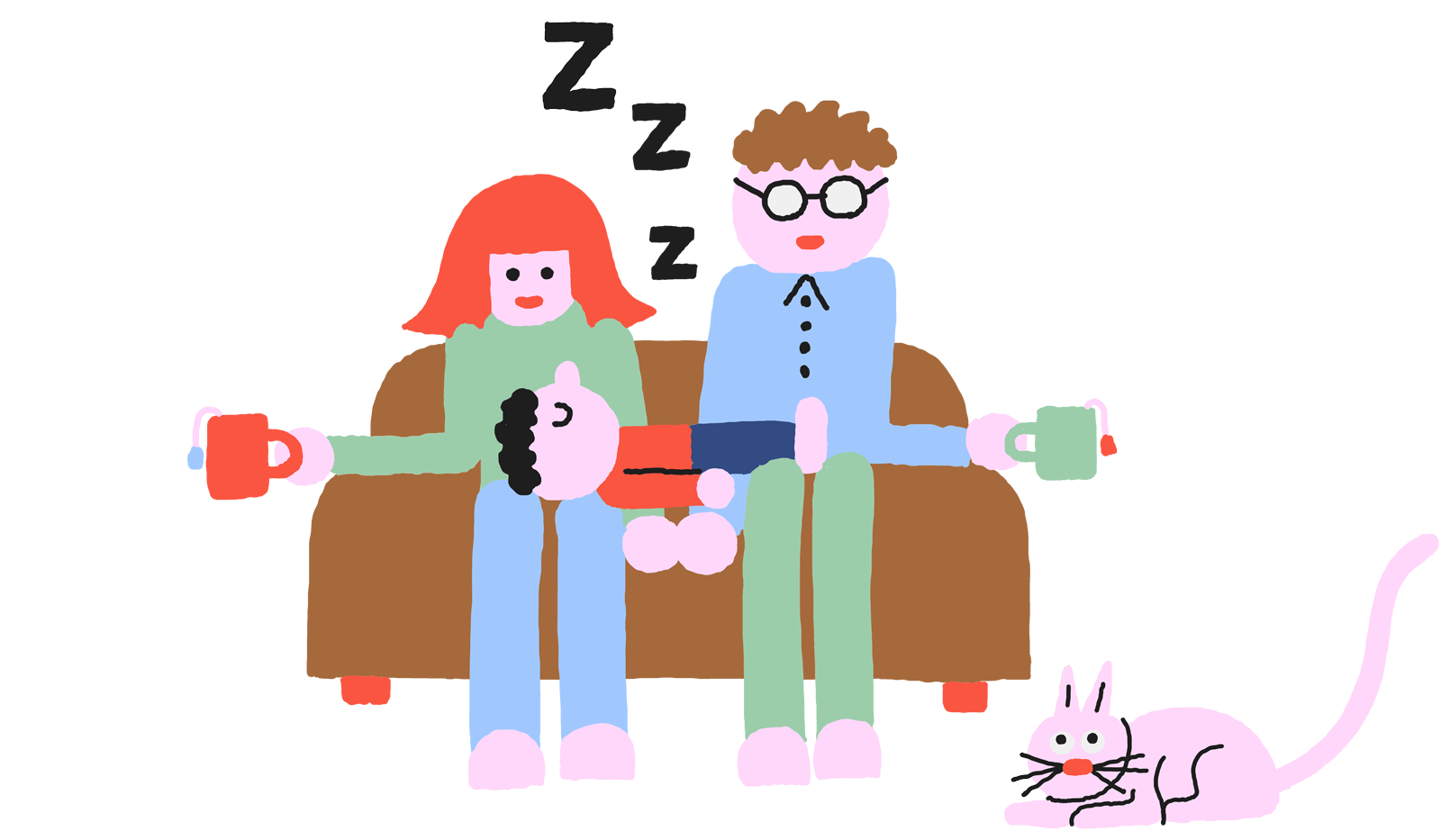 Illustration de deux parents assis sur le fauteuil avec un enfant qui dort sur leur genou