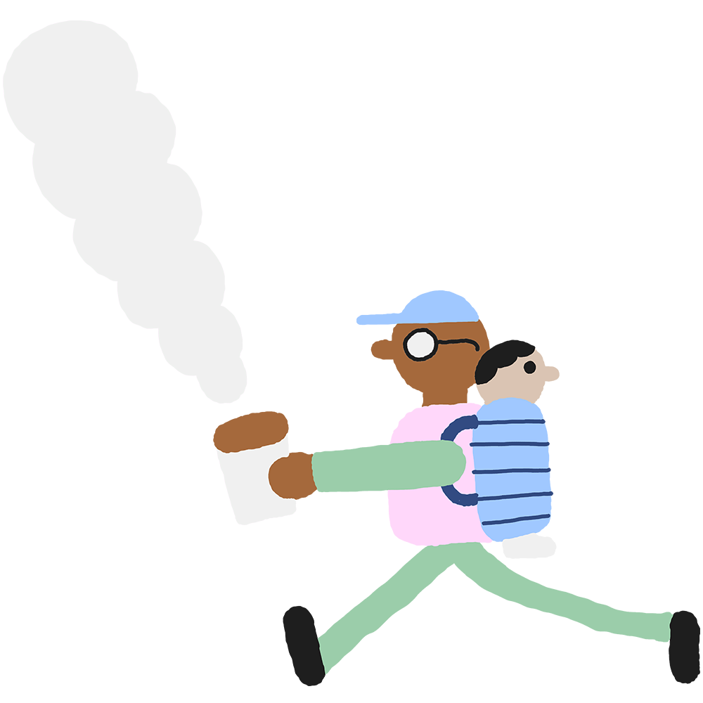 Illustration d'une père avec un porte bébé qui court avec son café